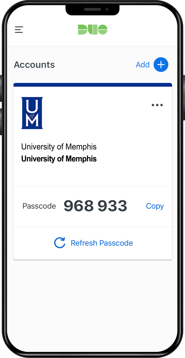 Phone showing UofM account in Duo app with passcode displayed