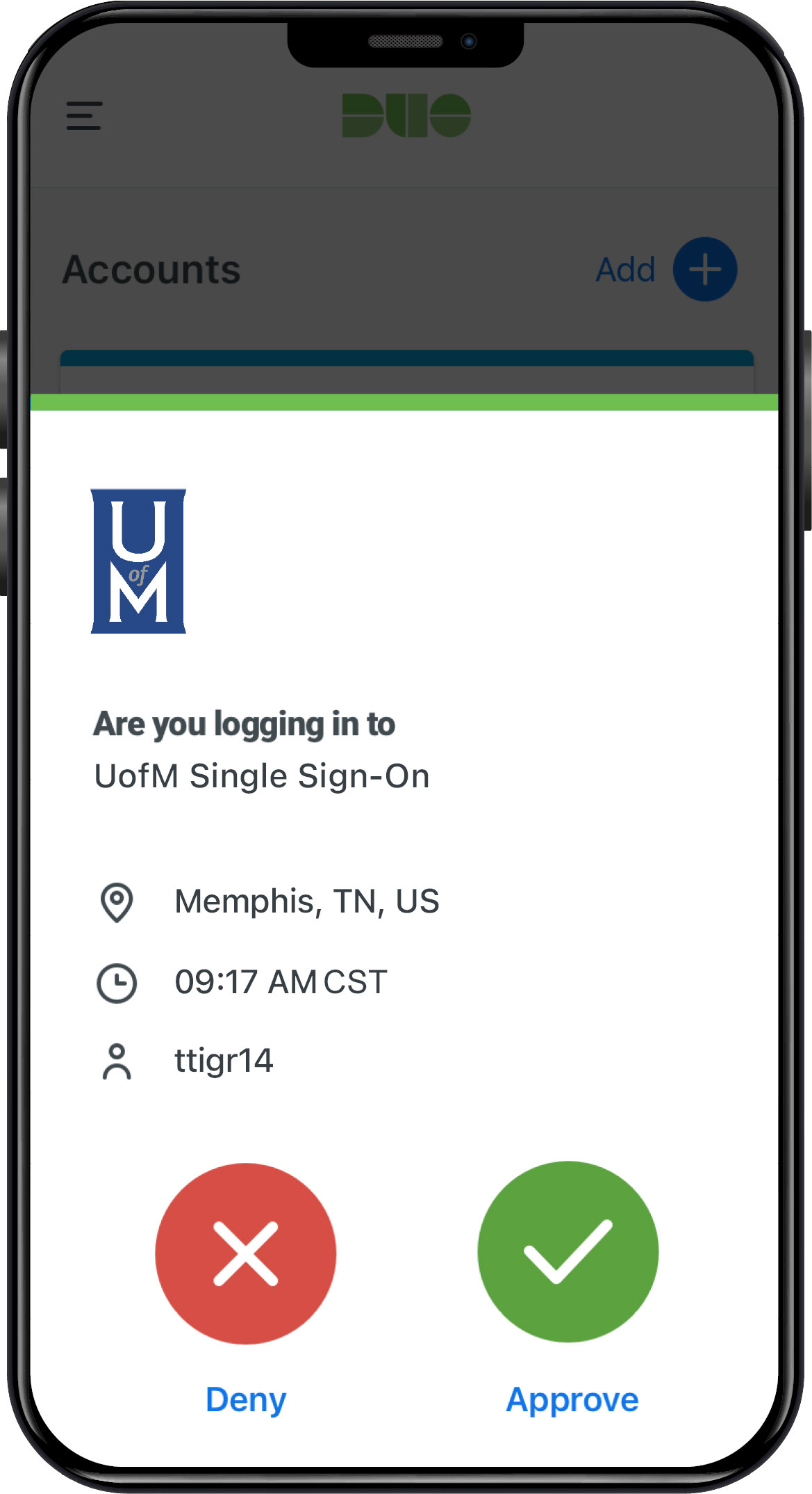 Mobile phone showing Duo mobile app with UofM authentication prompt