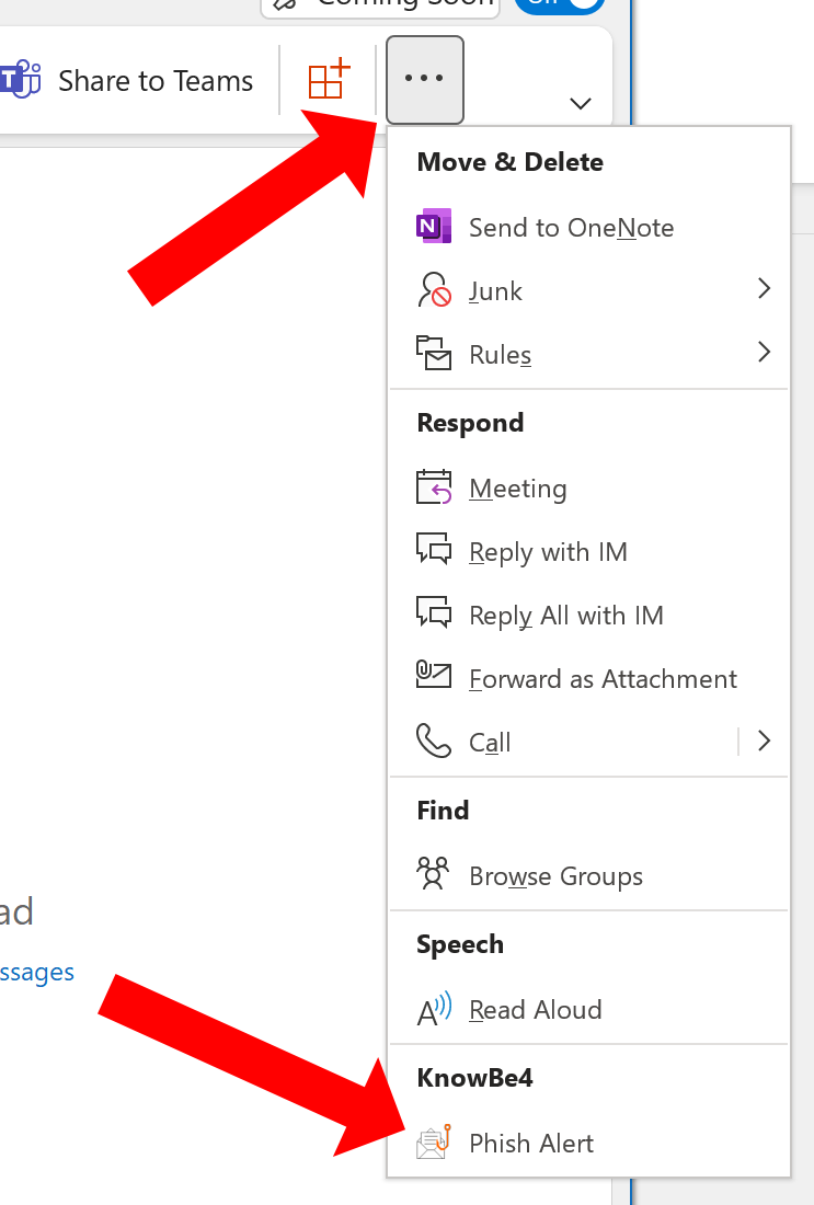 Outlook drop-down menu with arrows pointing to Menu button and PAB