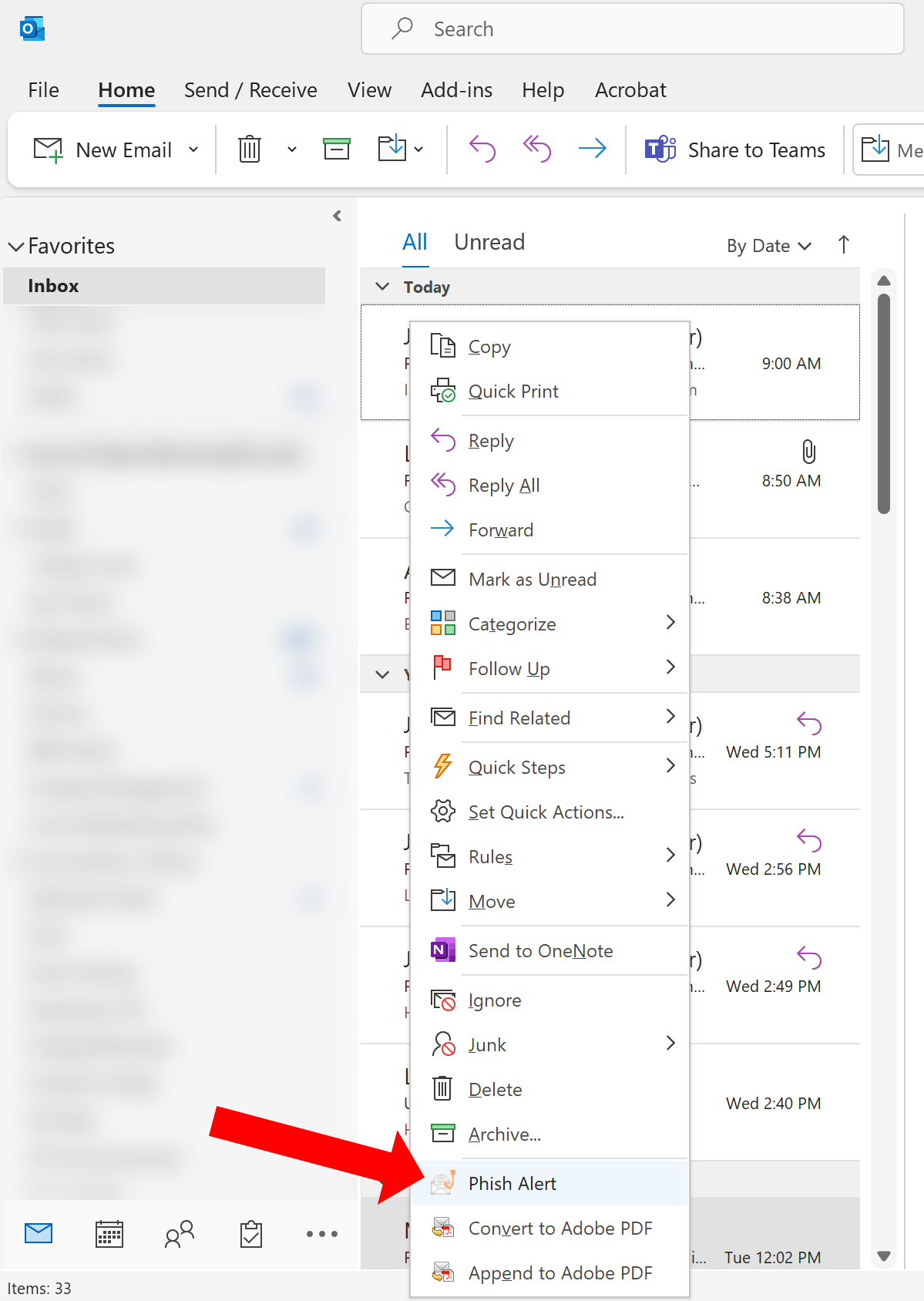 Outlook context drop-down menu with arrow pointing to PAB