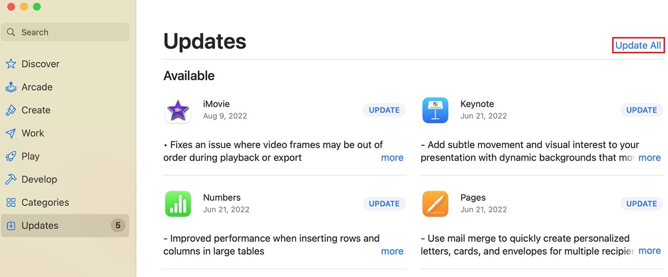 macOS App Store Update screen with Update All highlighted in red
