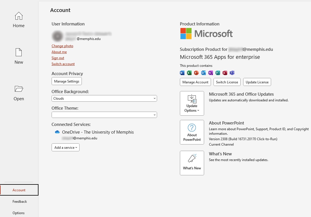 Account menu in Microsoft PowerPoint 365
