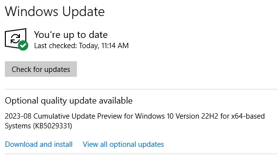 Windows Update screen showing all required updates installed with one optional update available