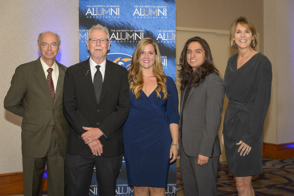 David Arant, Frank Thorsberg, Megan Harris, Jonathan Capriel and Elise Mitchell are recognized at the Journalism Alumni Club Outstanding Alumni Awards on Oct. 13.