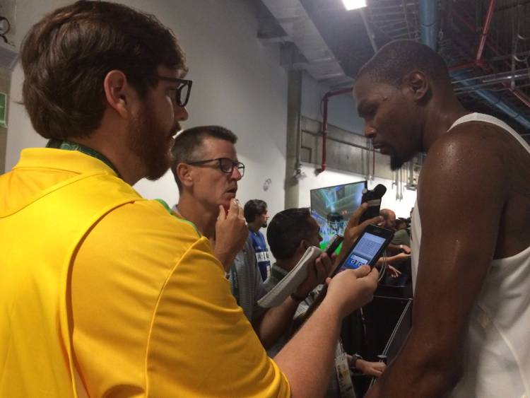 UofM journalism student Chip Williams interviews NBA star Kevin Durant during a break in the men’s Olympic basketball tournament this past summer in Brazil. 