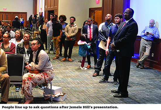 Line of people waiting with questions for Jemele Hill at Norm Brewer Lecture