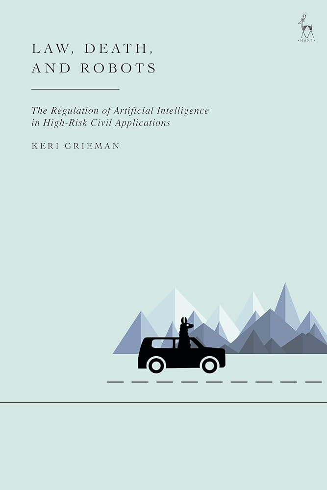 subdued gray-blue-green with illustration of lama driving a car on road with mountains in distance