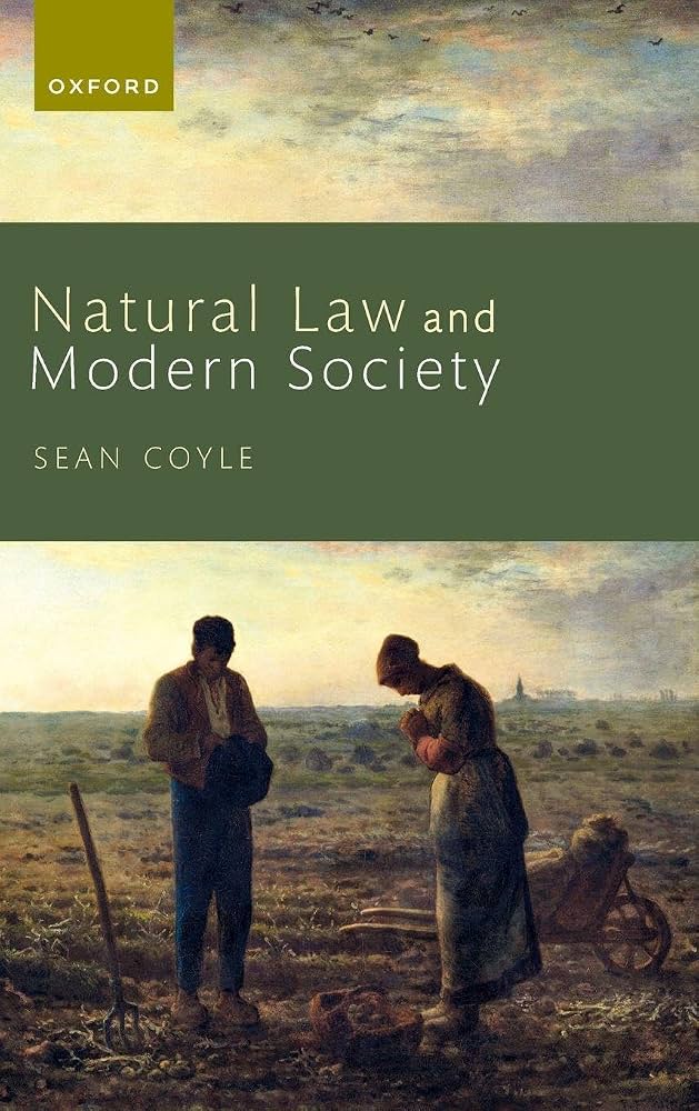 Natural Law and Modern Society pastoral painting of man with hat in hands and woman with head bowed, hands clasped - standing on farmland - basket and pitchfork beside them
