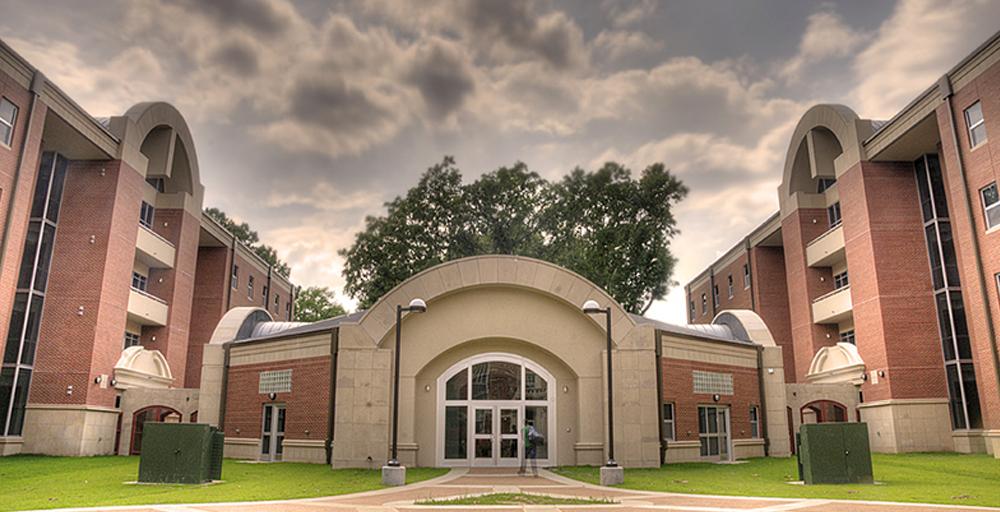 Front entrance overall panoramic view of Living Learning Complex (LLC).