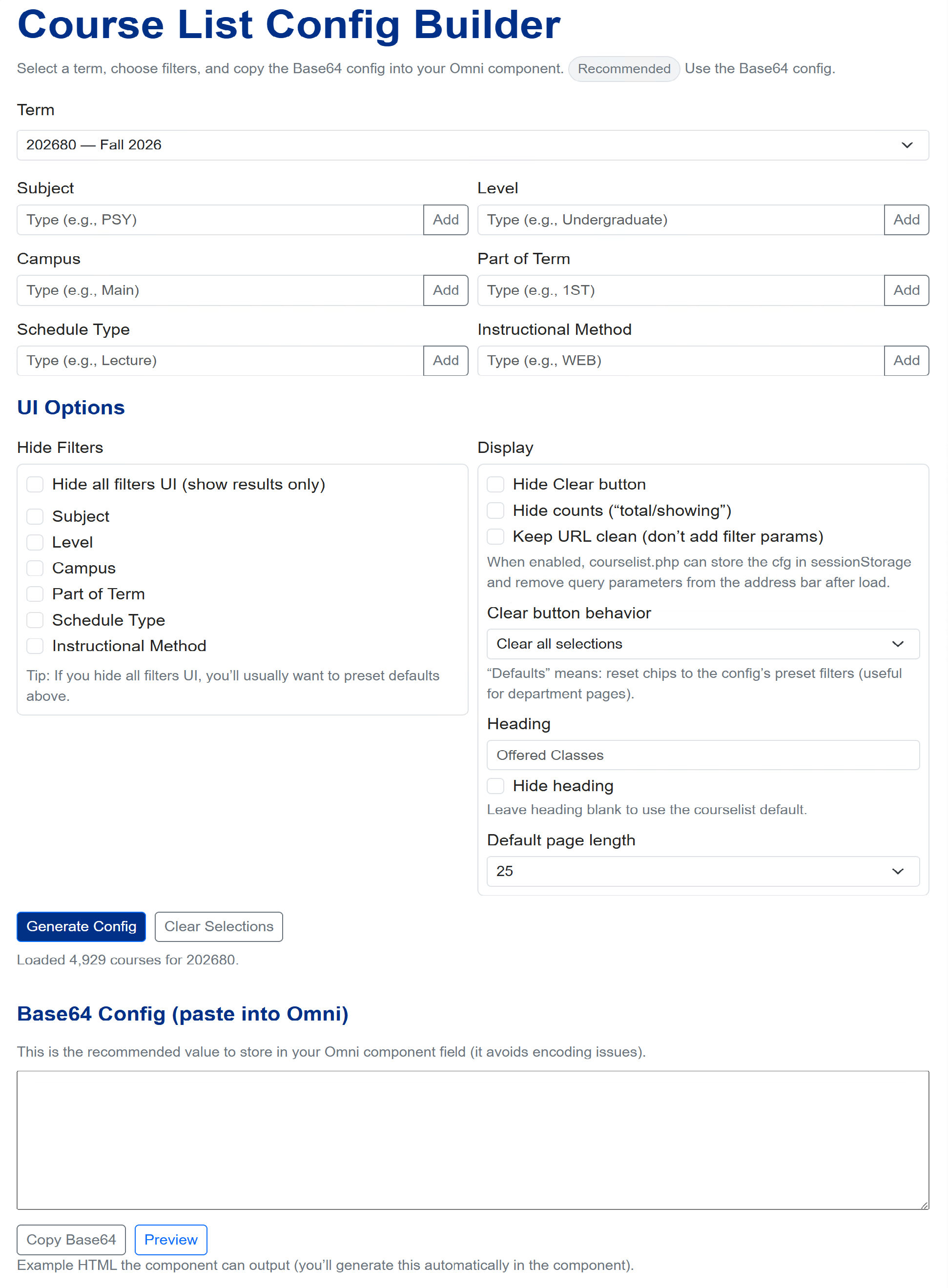 Course List Config Builer Tool Screen