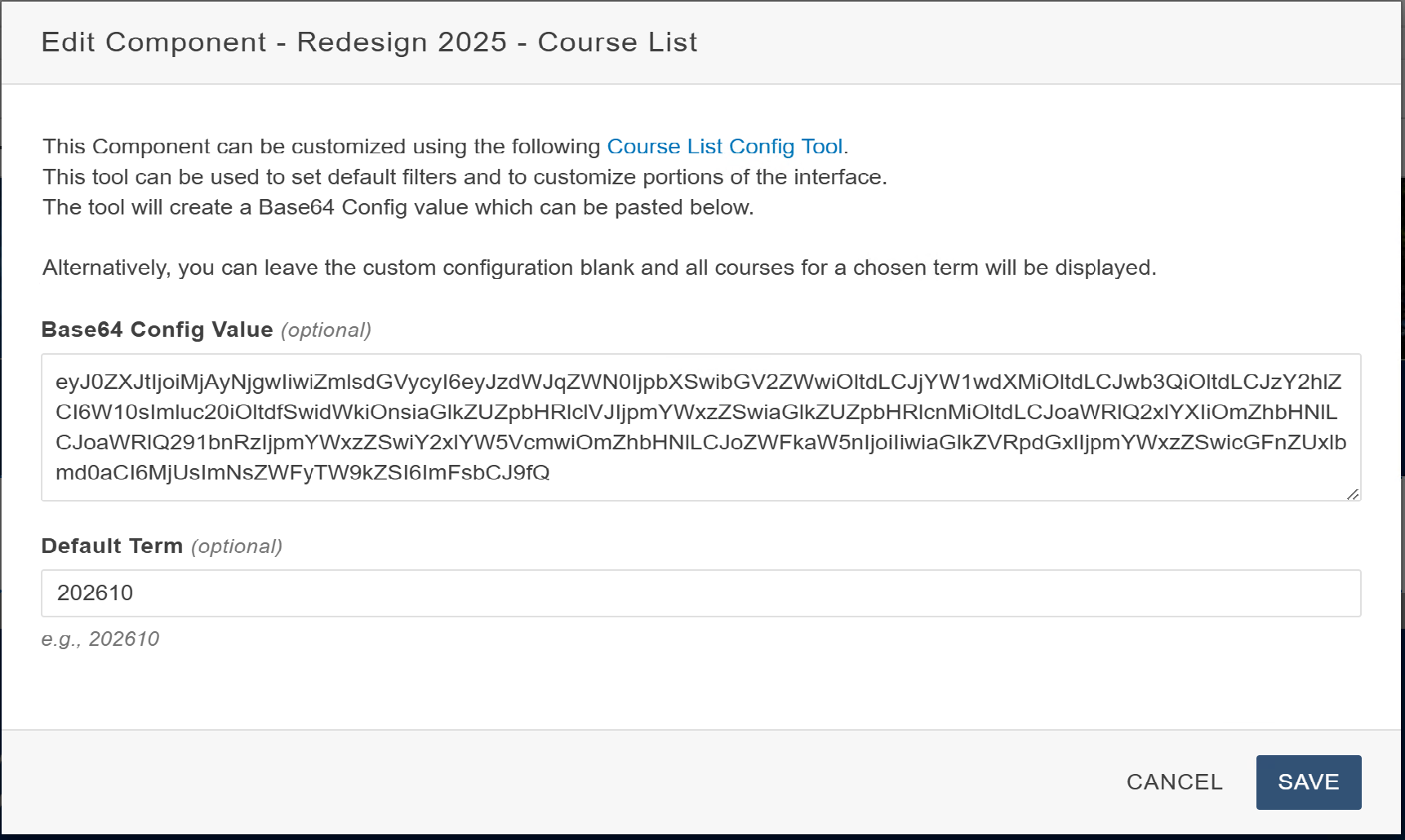 Course List Config Builer Tool Screen