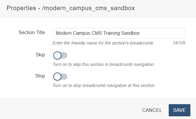 Modern Campus CMS Current Folder Breadcrumb Menu