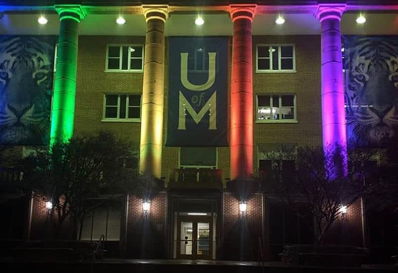 Admin building with colored lights