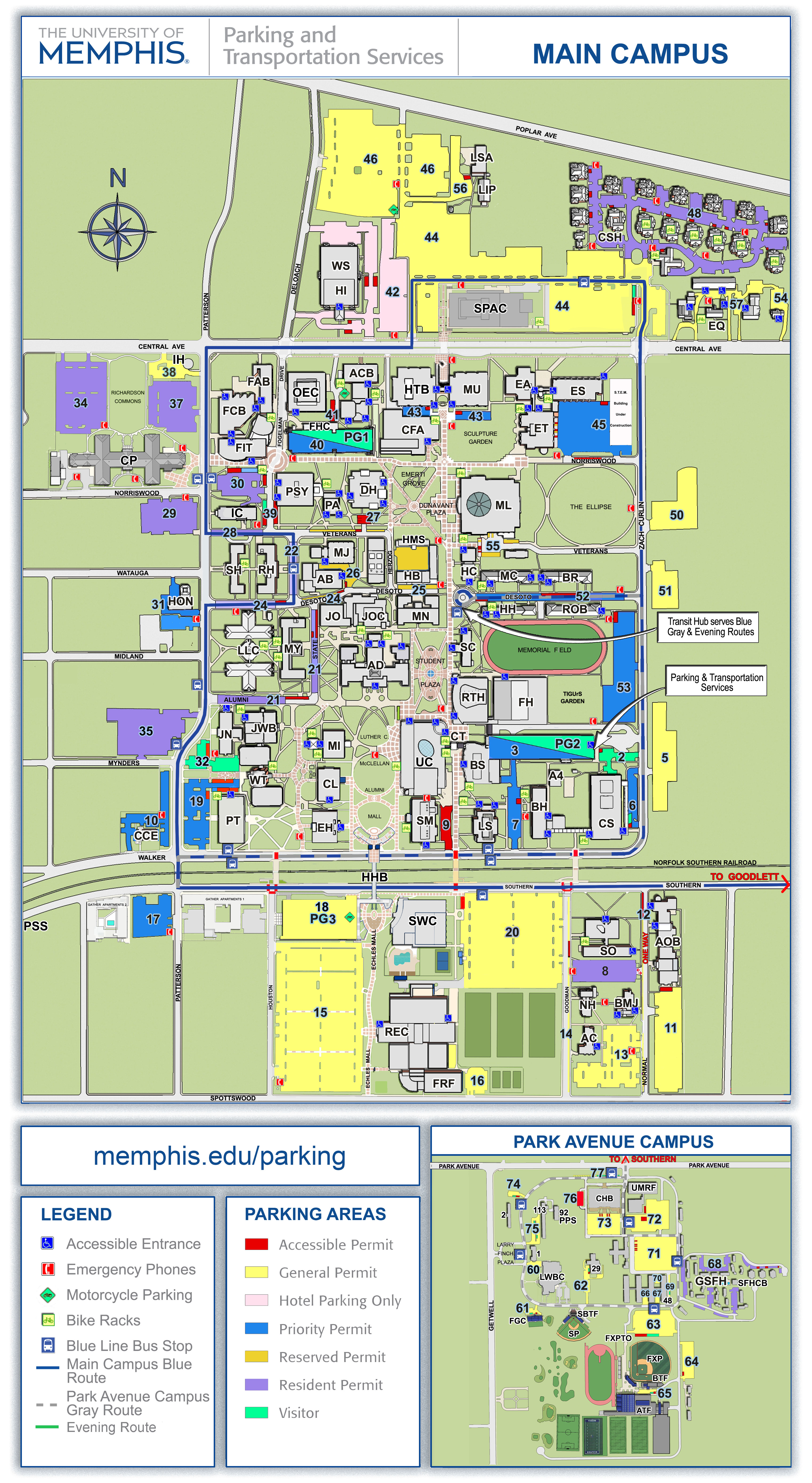 Map of U of M with different parking lots numbered and colored according to permit type.
