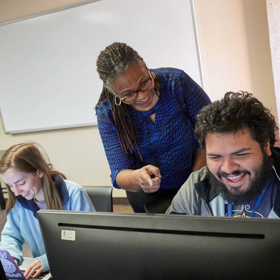 students outside talking
