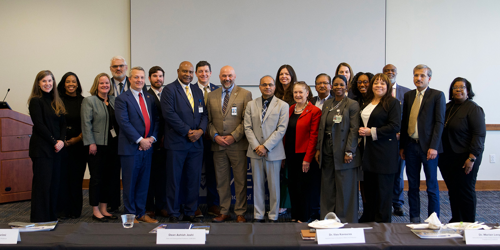 Recommended size: 800 × 600 px Leaders from the Tennessee Department of Health, Shelby County Health Department and School of Public Health and their teams. (Direct Center) Dr. John Dunn, Interim Commissioner of the Tennessee Department of Health (Left of Center) Dr. Bruce Randolph, Interim Director of the Shelby County Health Department (Right of Center) Dr. Ashish Joshi, Dean and Distinguished Professor, School of Public Health