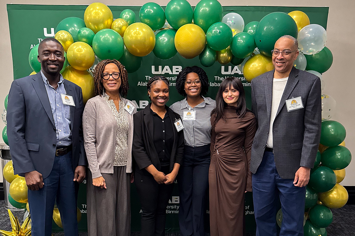 (R-L) Dr. Dale Sanders, SPH Interim Division Director, Program Director and Professor, HSMP Division, Rooshna Ali Khab, Diamond McGee, Jaquiesha Vaughn, Dr. Jacqueline Wiltshire, Associate Professor of Teaching, HSMP Division and Bright Oware