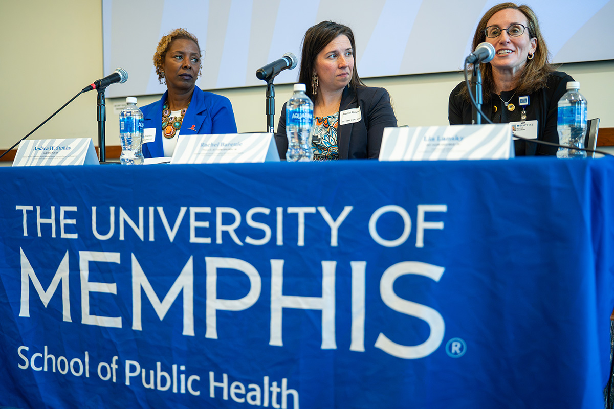 (L-R) Alumni panelists: Andrea Stubbs, PhD; Rachel Barenie, PharmD, JD, MPH and Lia Lansky, MS, MHA address SPH faculty, staff and students