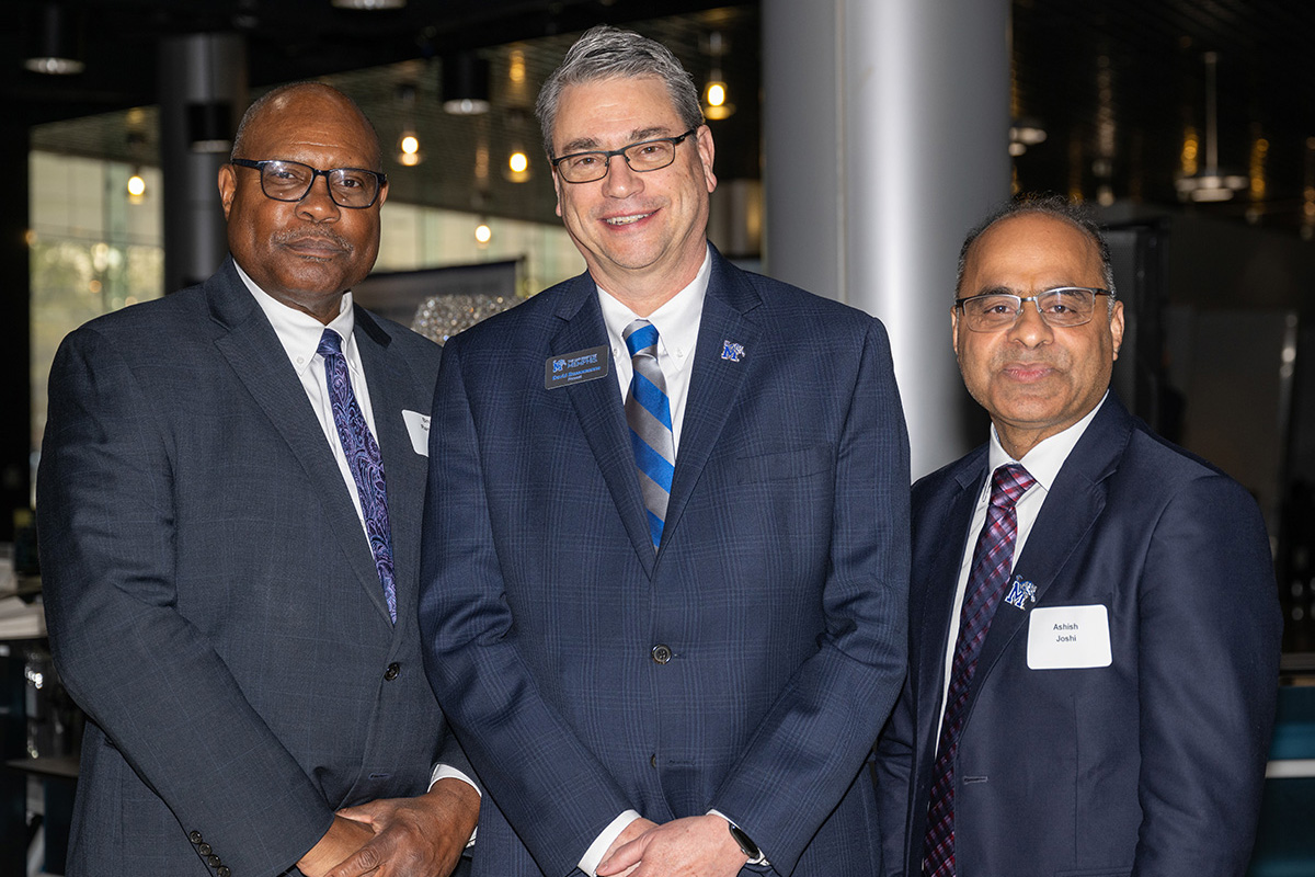 (Center) Dr. David J. Russomanno, Executive Vice President for Academic Affairs and Provost, of the University of Memphis, (L) Dr. Bruce Randolph, Interim Shelby County Health Department Director (R) SPH Dean, Dr. Ashish Joshi