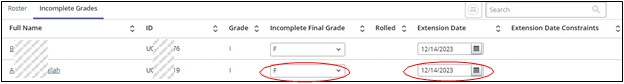 Incomplete Grades section of the grading roster showing incomplete final grade and extension date