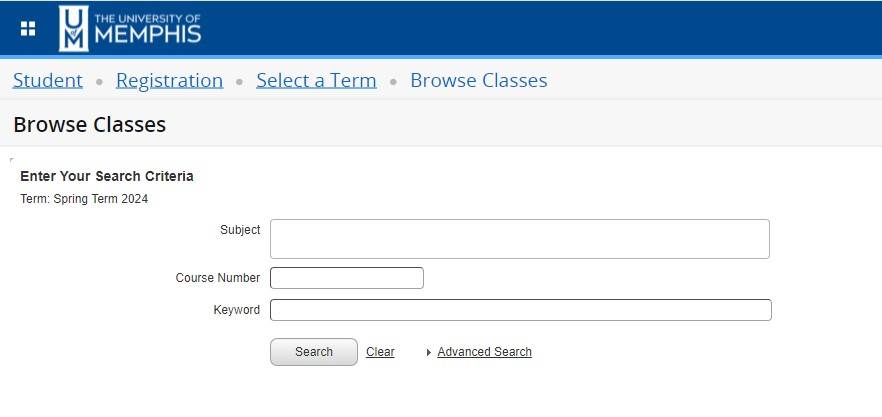 main browse classes screen with subject and course number fields 