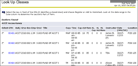Lookup Classes results screen