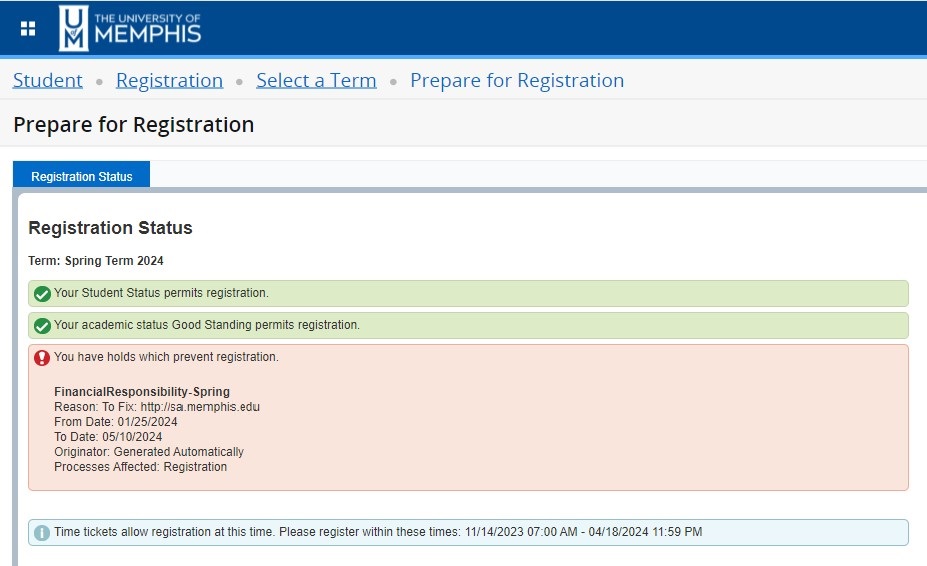 registration status including financial responsibility hold