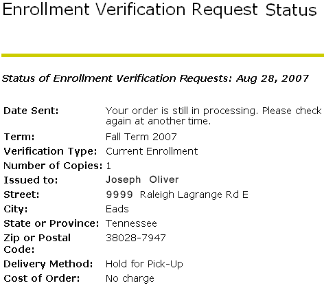 Enrollment Verification Request Status