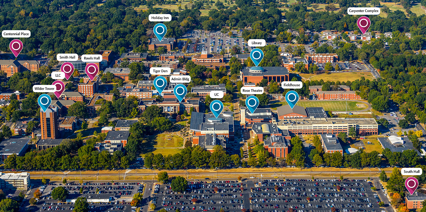 Aerial view of campus with residence halls