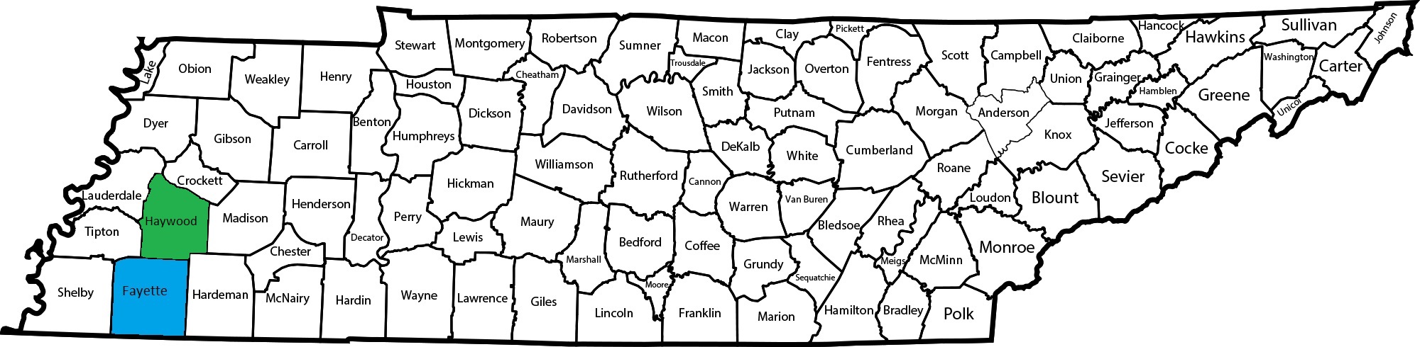 Map of TN highlighting Fayette and Haywood Counties