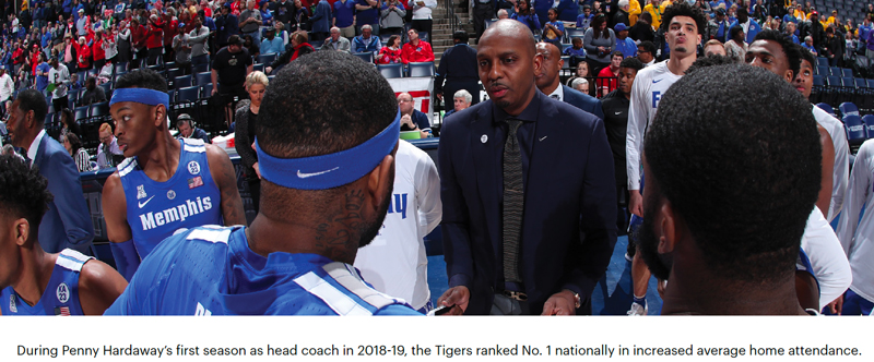 Coach Hardaway in team huddle | During Penny Hardaway's first season as head coach in 2018-19, the Tigers ranked No. 1 nationally in increased average home attendance.