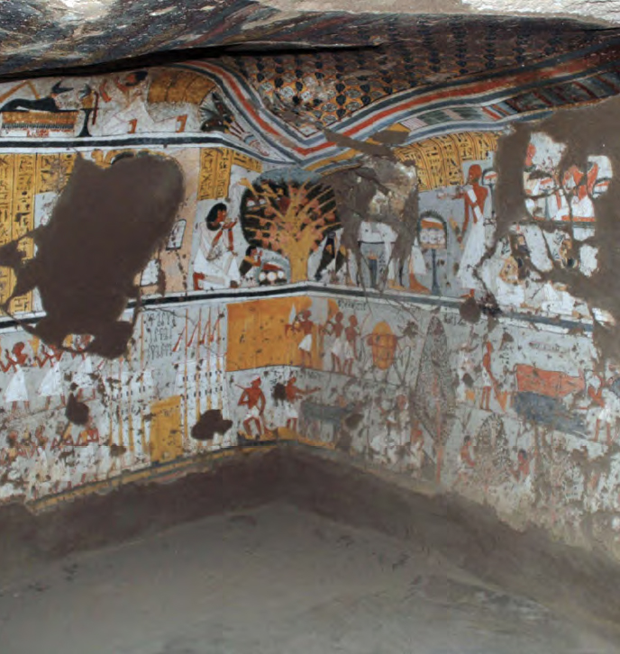 Painted plaster wall scenes inside the first room of TT16.