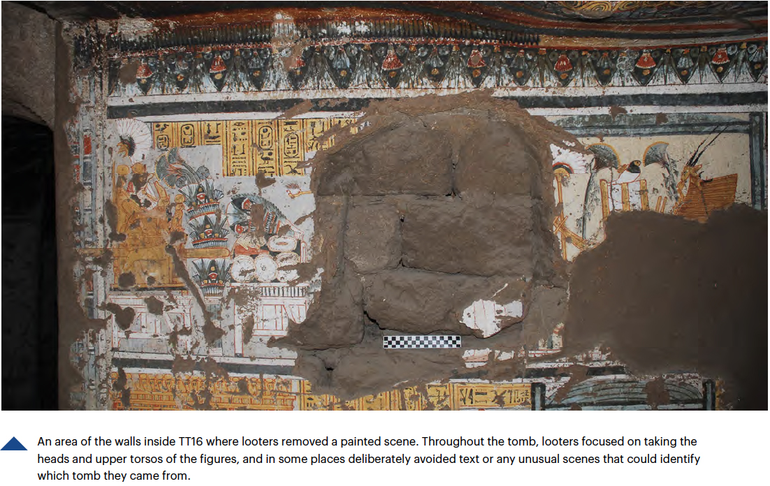 An area of the walls inside TT16 where looters removed a painted scene. Throughout the tomb, looters focused on taking the heads and upper torsos of the figures, and in some places deliberately avoided text or any unusual scenes that could identify which tomb they came from.