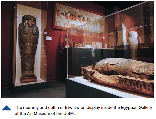 The mummy and coffin of Irtw-irw on display inside the Egyptian Gallery at the Art Museum of the UofM.