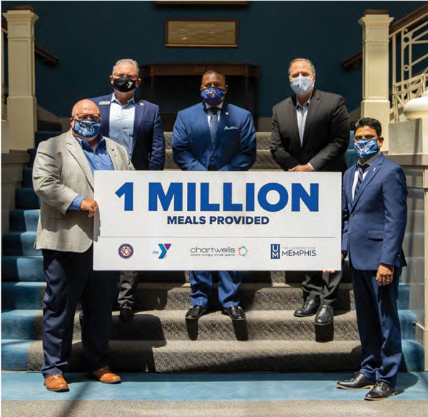 Front row: Chartwells Resident District Manager Glendel Coble; UofM Executive Vice President for Business & Finance/Chief Financial Officer Raaj Kurapati Back row: YMCA President and CEO Jerry Martin; Shelby County Schools Superintendent Dr. Joris M. Ray; UofM President M. David Rudd