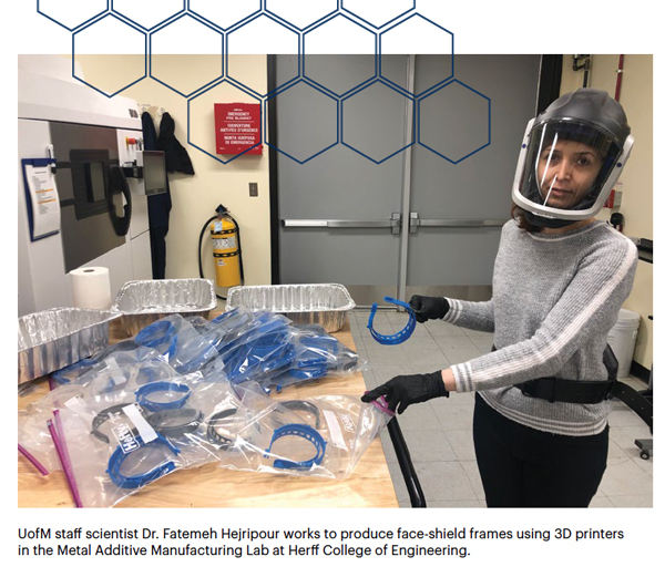 UofM staff scientist Dr. Fatemeh Hejripour works to produce face-shield frames using 3D printers in the Metal Additive Manufacturing Lab at Herff College of Engineering.
