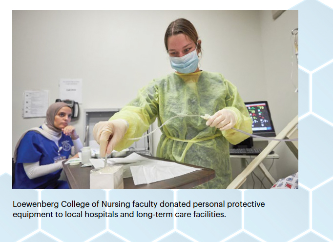 Loewenberg College of Nursing faculty donated personal protective equipment to local hospitals and long-term care facilities.