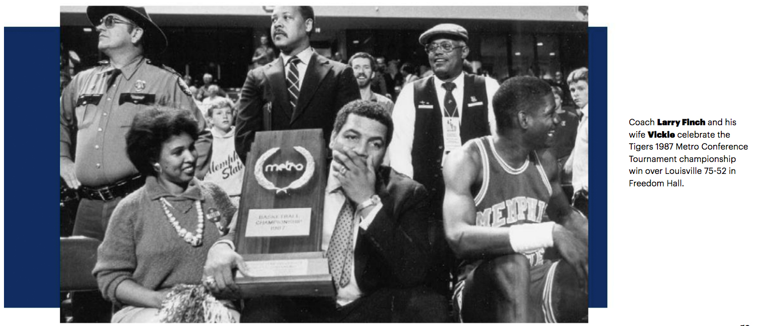 Coach Larry Finch and his wife Vickie celebrate the Tigers 1987 Metro Conference Tournament championship win over Louisville 75-52 in Freedom Hall.