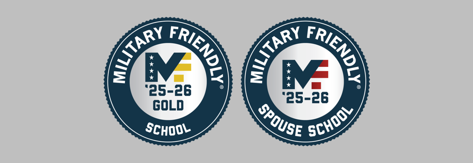 two badges for militaty friendly school and military friendly spouse school 