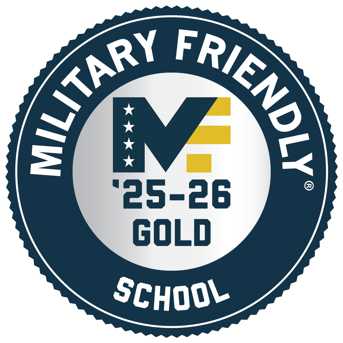 Military Friendly School 2025-2026 Gold designation badge featuring a stylized 'MF' logo with stars and gold stripes, surrounded by a dark blue circular border.