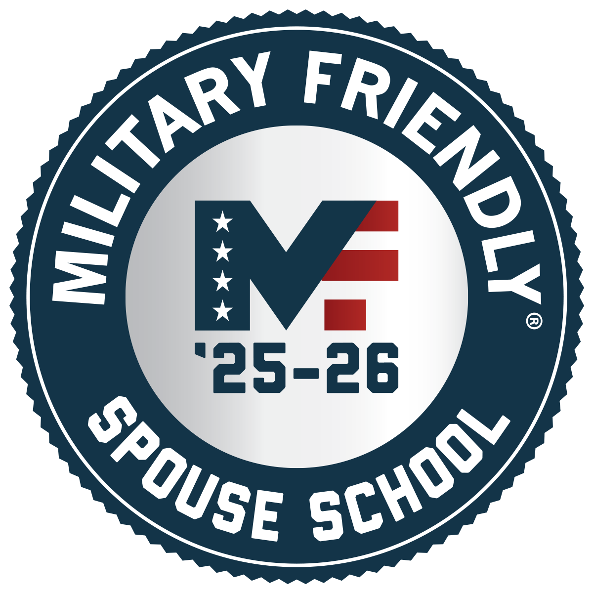 Military Friendly Spouse School 2025-2026 badge featuring a stylized 'MF' logo with stars and red stripes, surrounded by a dark blue circular border.